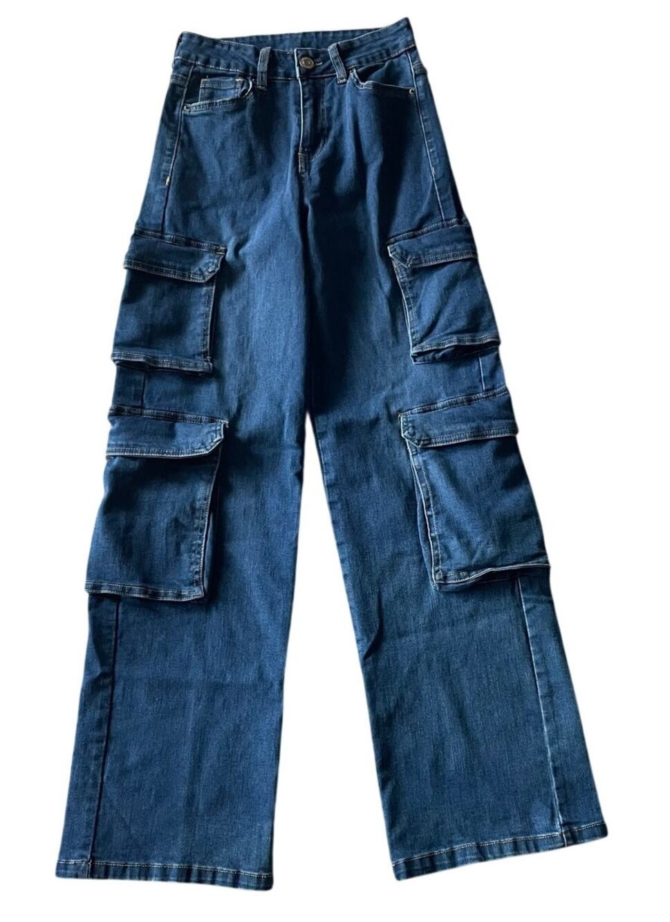 Womens/Teen Cargo Jeans With Pockets Size 00 24 in Waist Baggy Wide Leg